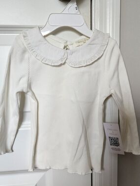 Chelsea & Violet White Long-Sleeve Ribbed Top with Ruffle Peter Pan Collar